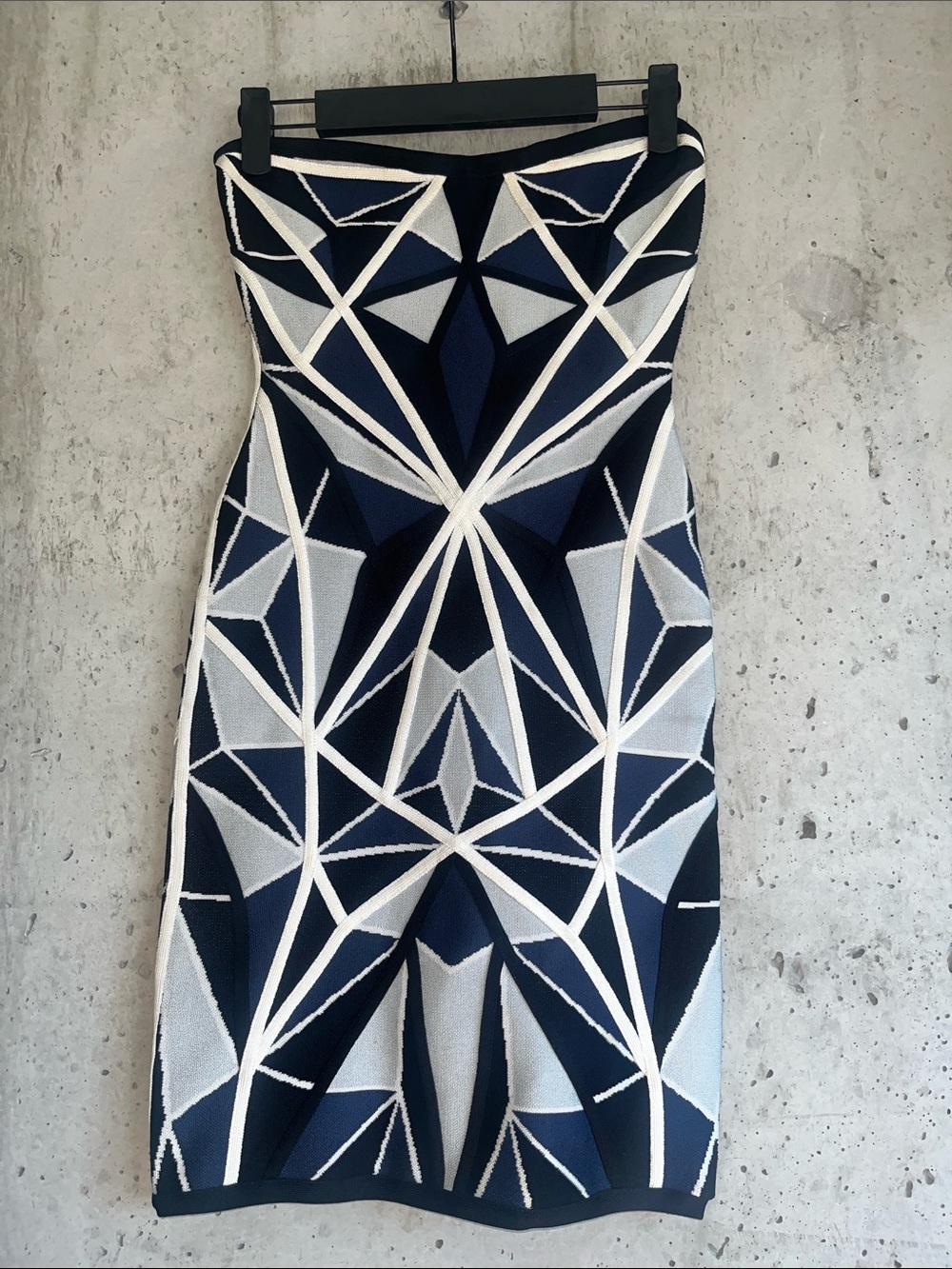 Hervé Léger Jamari Geometric Patchwork Jacquard Dress Blue White Strapless Jumps